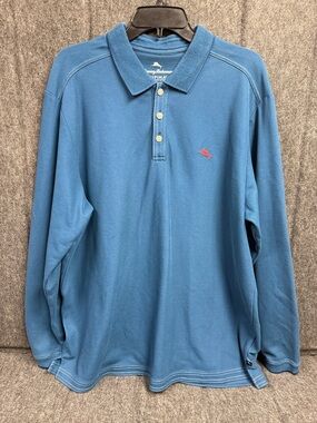 Tommy Bahama Long Sleeve Polo in Teal Blue with Pink Logo